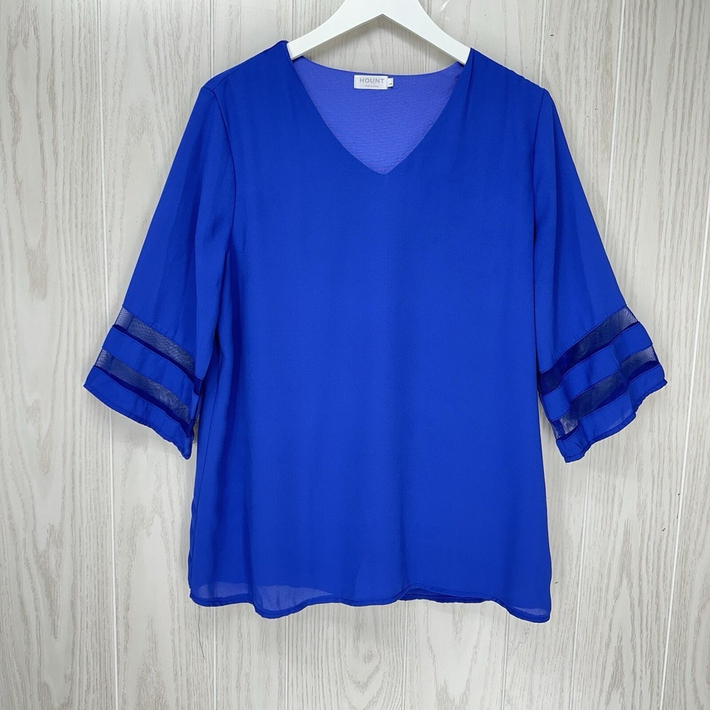 Hount Blouse Womens Large Blue 3/4 Sleeve V Neck Lined‎ Tunic Pullover
